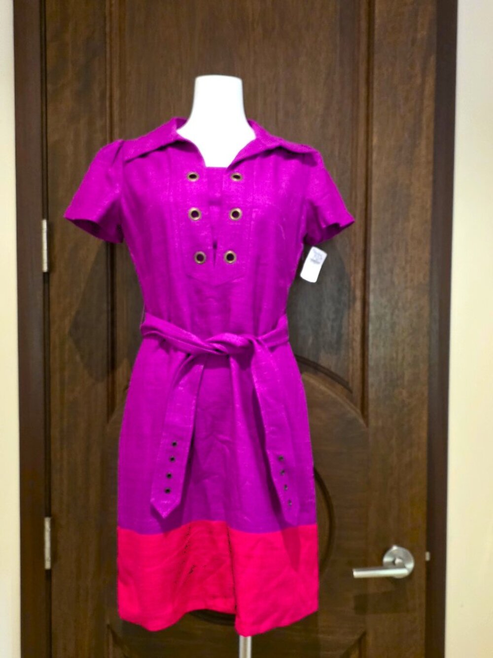 NWT Phoebe Couture Size 6 Woven Silk Bright Fuchsia & Pink Dress Short Sleeves